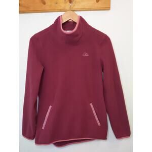 L.L. Bean Fleece Pullover Mock Neck Burgundy Pink Trim Kangaroo Pocket S